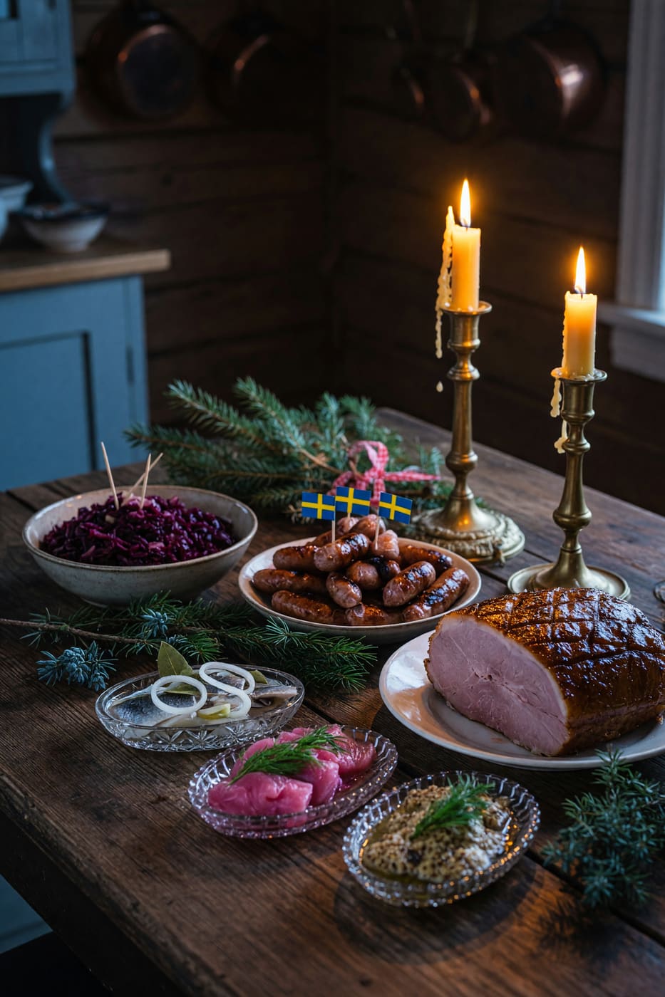 Julbord med levande ljus