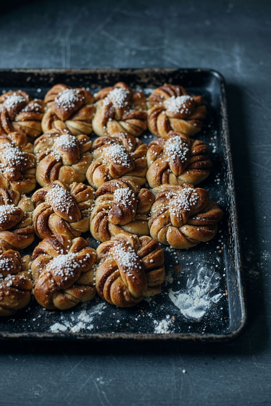 Kanelbullar på mörk plåt