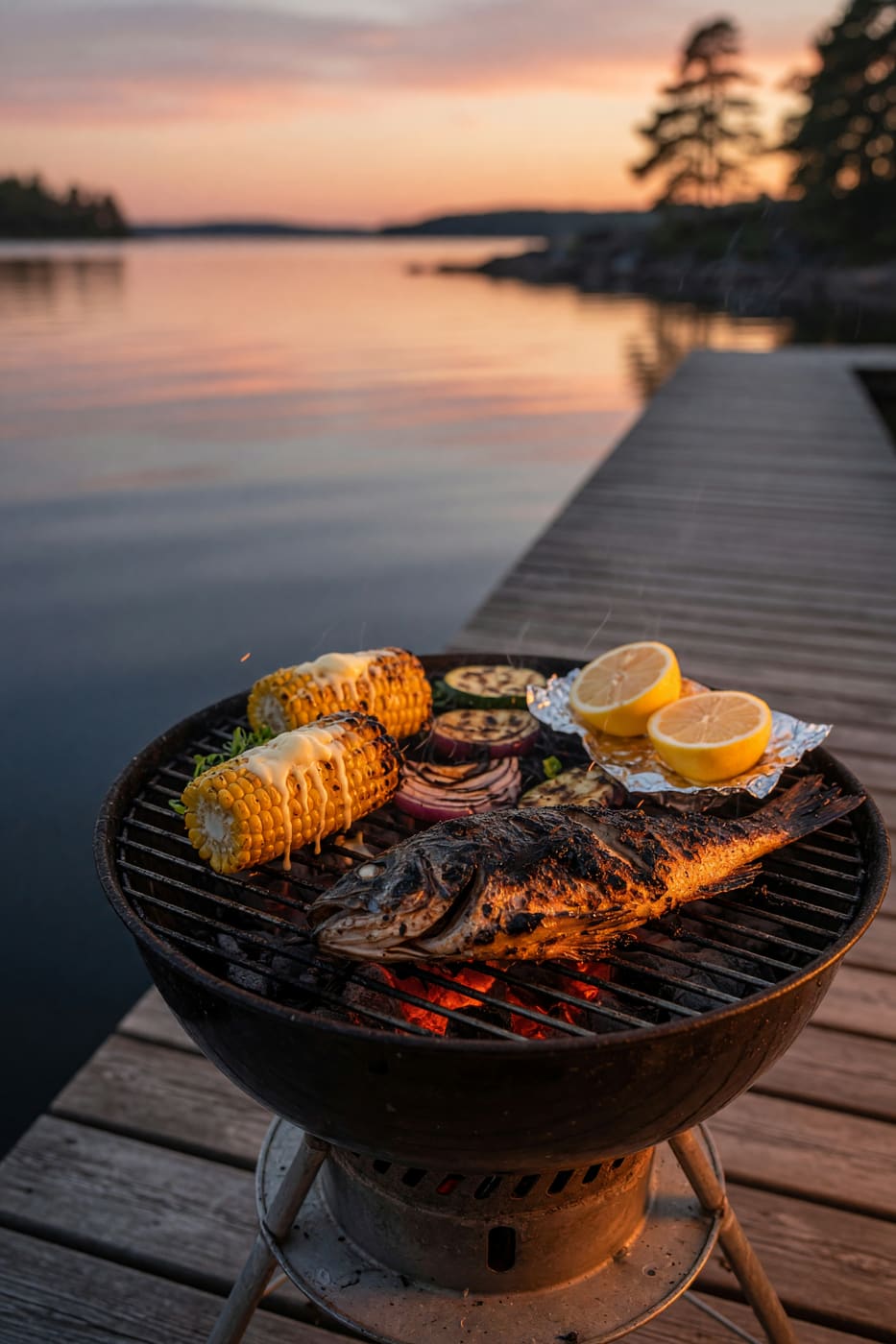 Grillad fisk och grönsaker vid vattnet i solnedgång