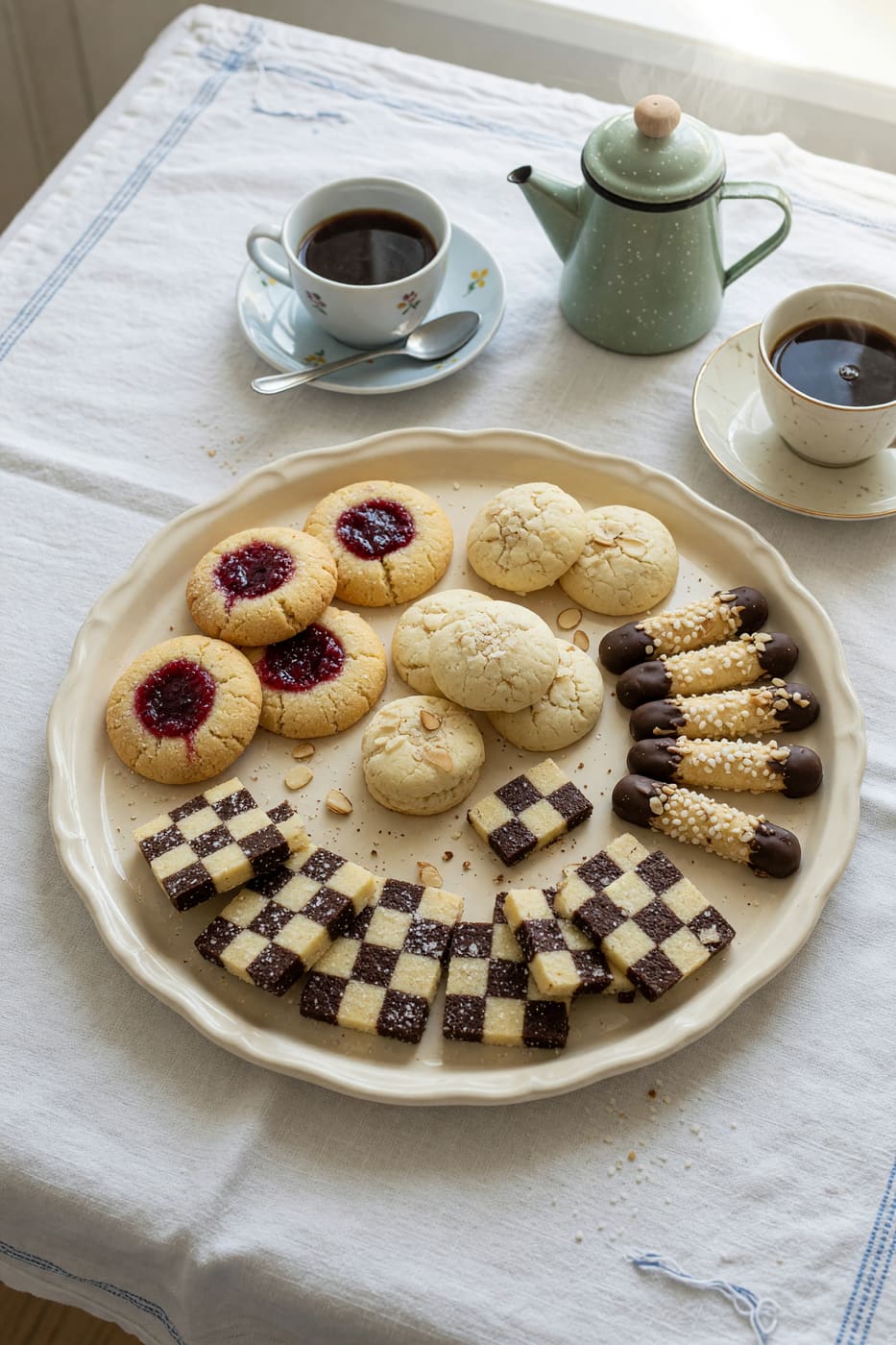 Sju sorters kakor på en bricka med kaffekanna